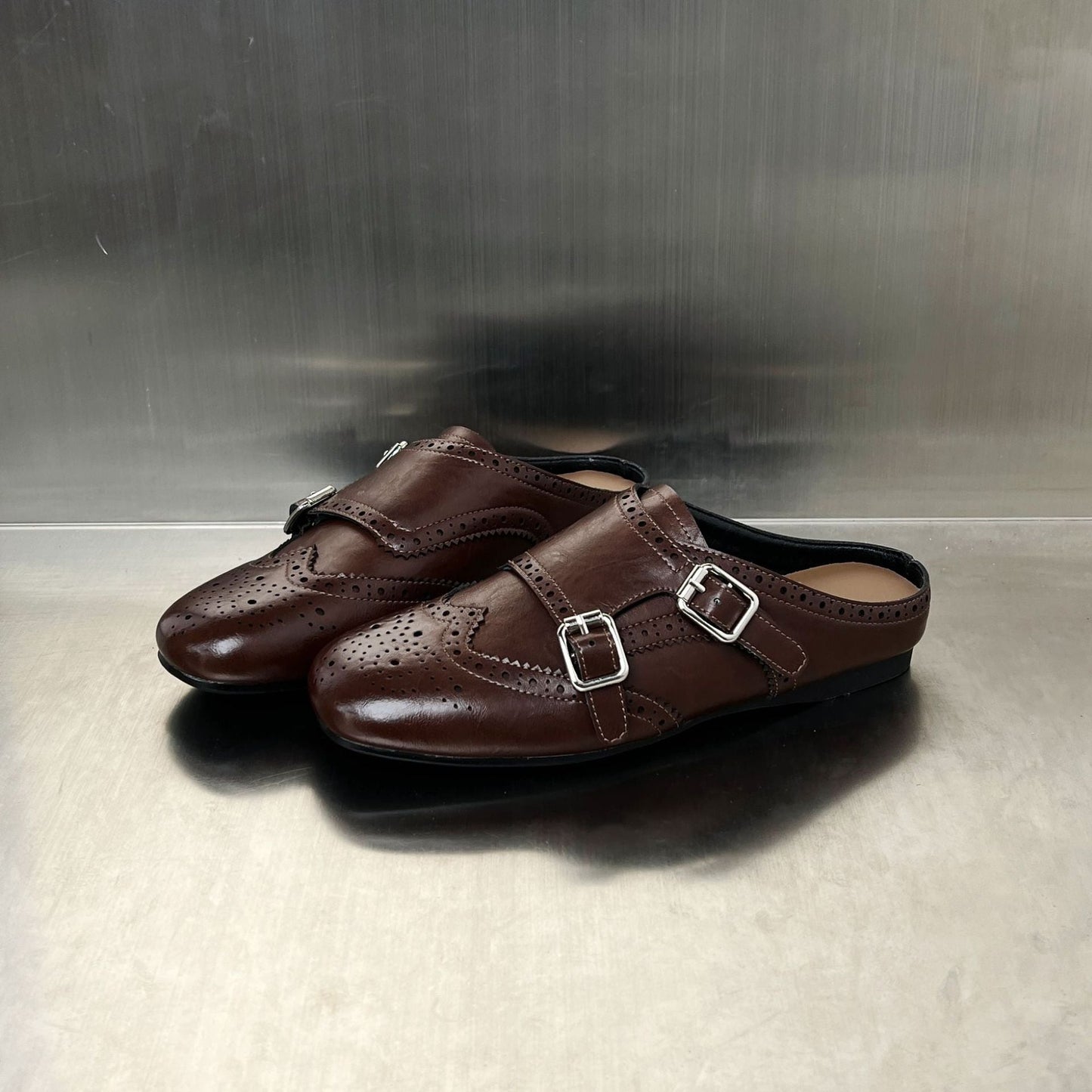 Damen Mokassins Elegante Schnalle Perforiert Schwarz