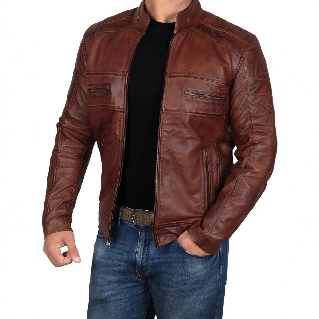 Lederjacke Herren Biker Stil Reißverschluss Taschen