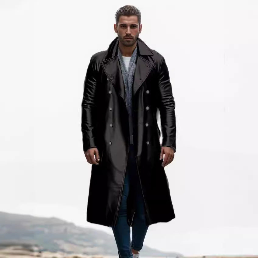 Herren Trenchcoat Kunstleder Elegent Doppelt Knöpft - BerlinGlamour