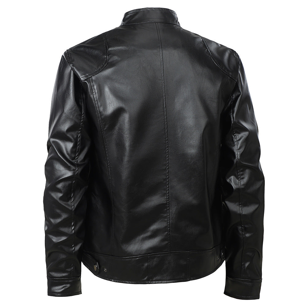 Herren Kunstlederjacke Elegant Stehkragen Reißverschluss Taschen Schwarz