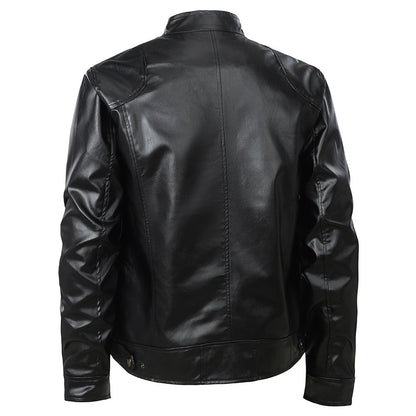 Herren Kunstlederjacke Elegant Stehkragen Reißverschluss Taschen Schwarz