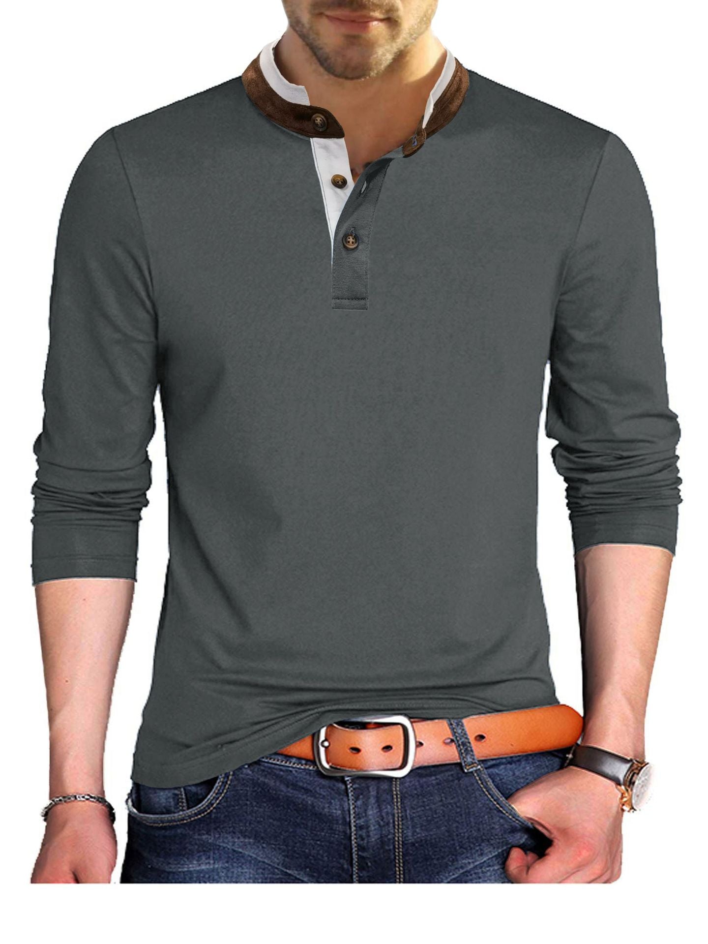 Herren Langarmshirt Henley Kragen Modern