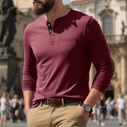 Herren Langarmshirt Weich Baumwolle Mit Brusttasche
