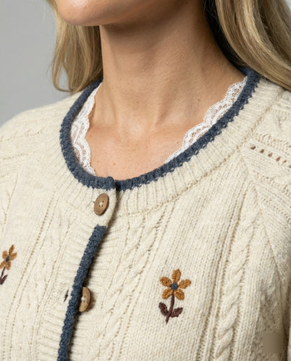 Damen Strickcardigan Weich mit Puffärmeln und Floralem Muster