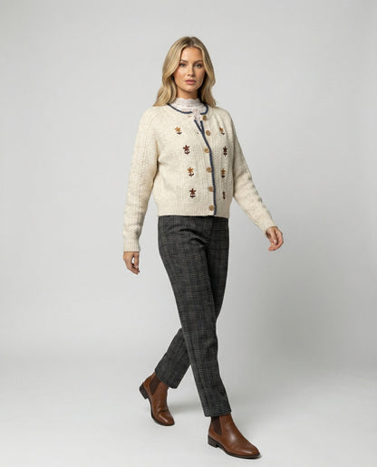 Damen Strickcardigan Weich mit Puffärmeln und Floralem Muster