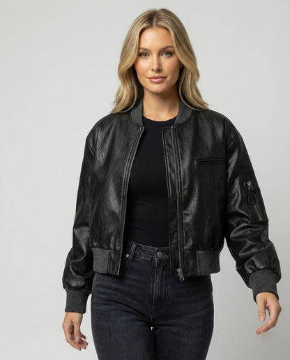 Schwarze Lederjacke Damen Bikerjacke Kurz - BerlinGlamour