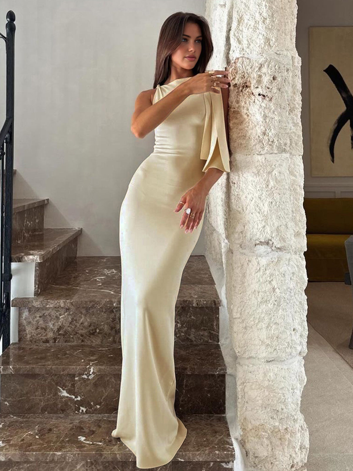 Damen Maxikleid One-Shoulder Elegant Lang