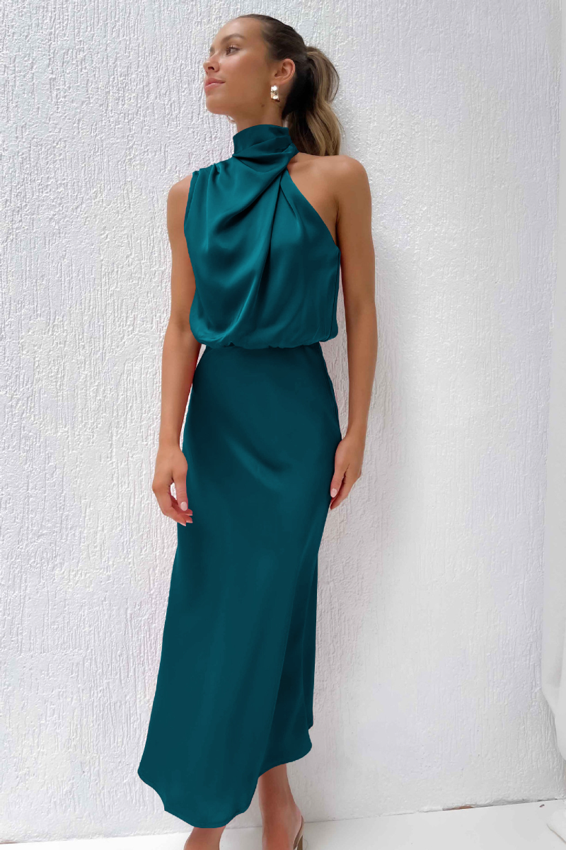 Elegantes Midikleid Asymmetrischer Ausschnitt Damenkleid