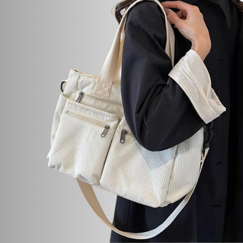 Weiße Cord-Schultertasche mit Fächern vorne