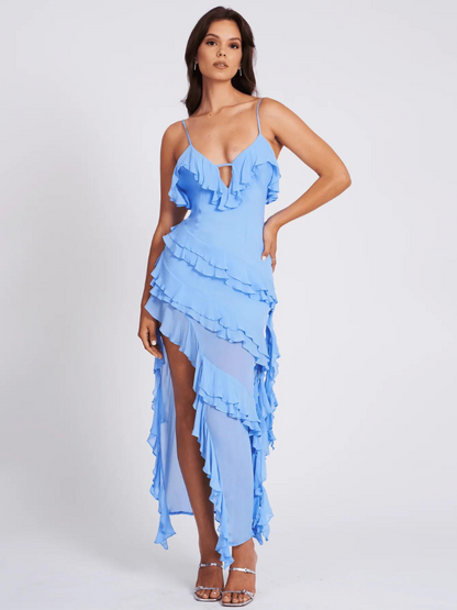 Maxikleid Damen Lang Spaghettiträger Hochschlitz