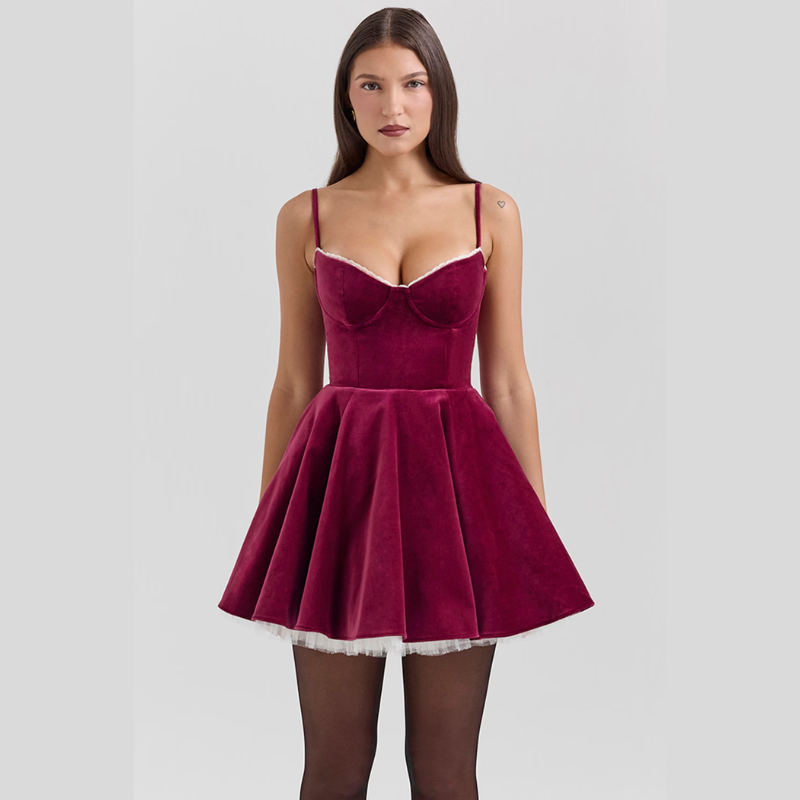 Kleid Samt Korsett Look Tüll Saum Damen Mini - BerlinGlamour
