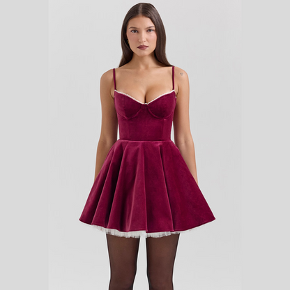 Kleid Samt Korsett Look Tüll Saum Damen Mini - BerlinGlamour