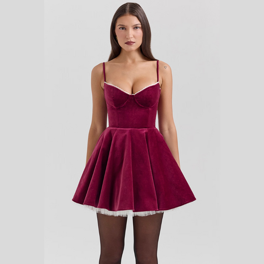 Kleid Samt Korsett Look Tüll Saum Damen Mini - BerlinGlamour