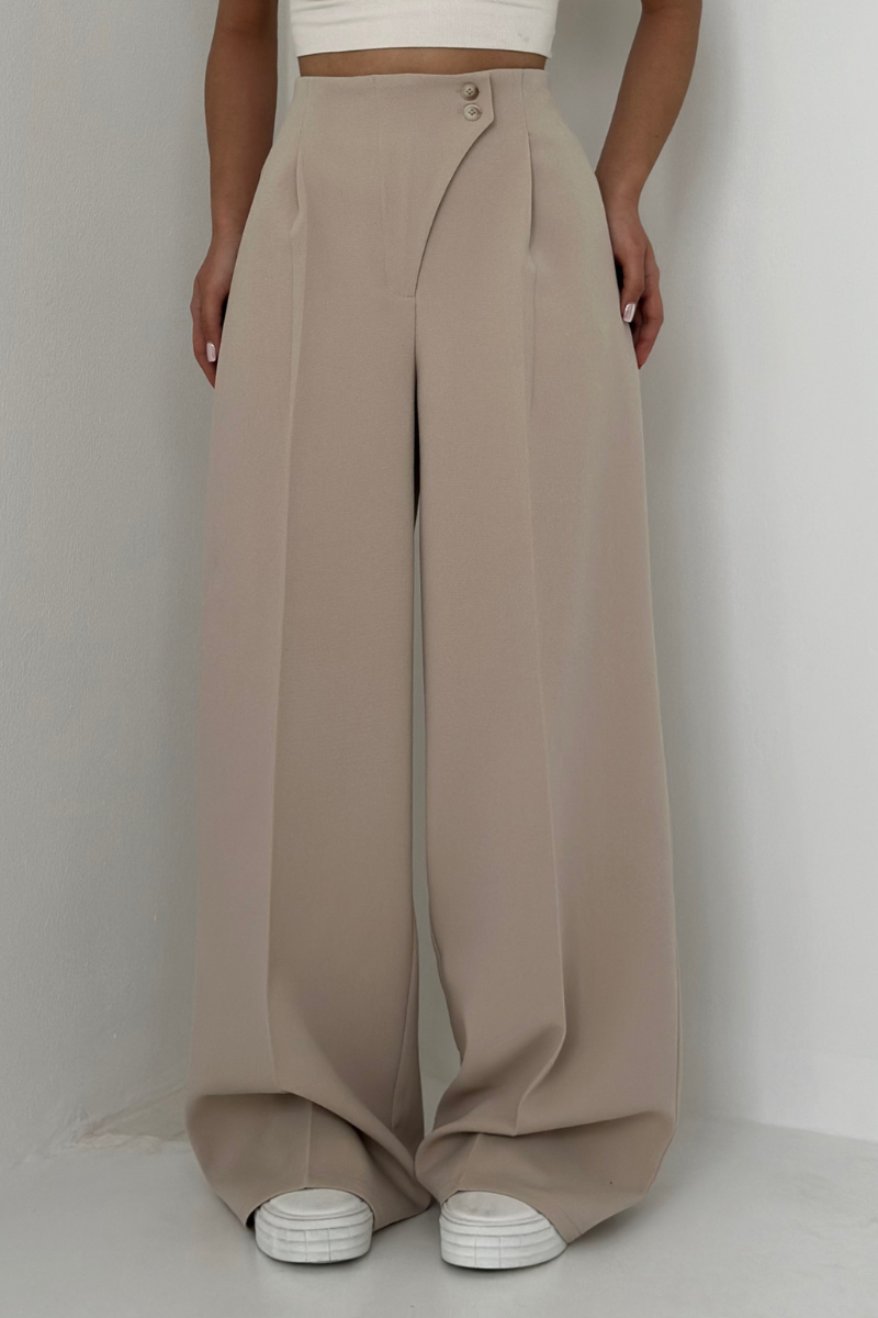 beige wide leg high waist damenhose mit doppeltem Knopfverschluss