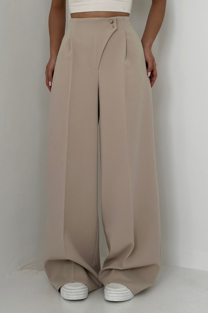 beige wide leg high waist damenhose mit doppeltem Knopfverschluss