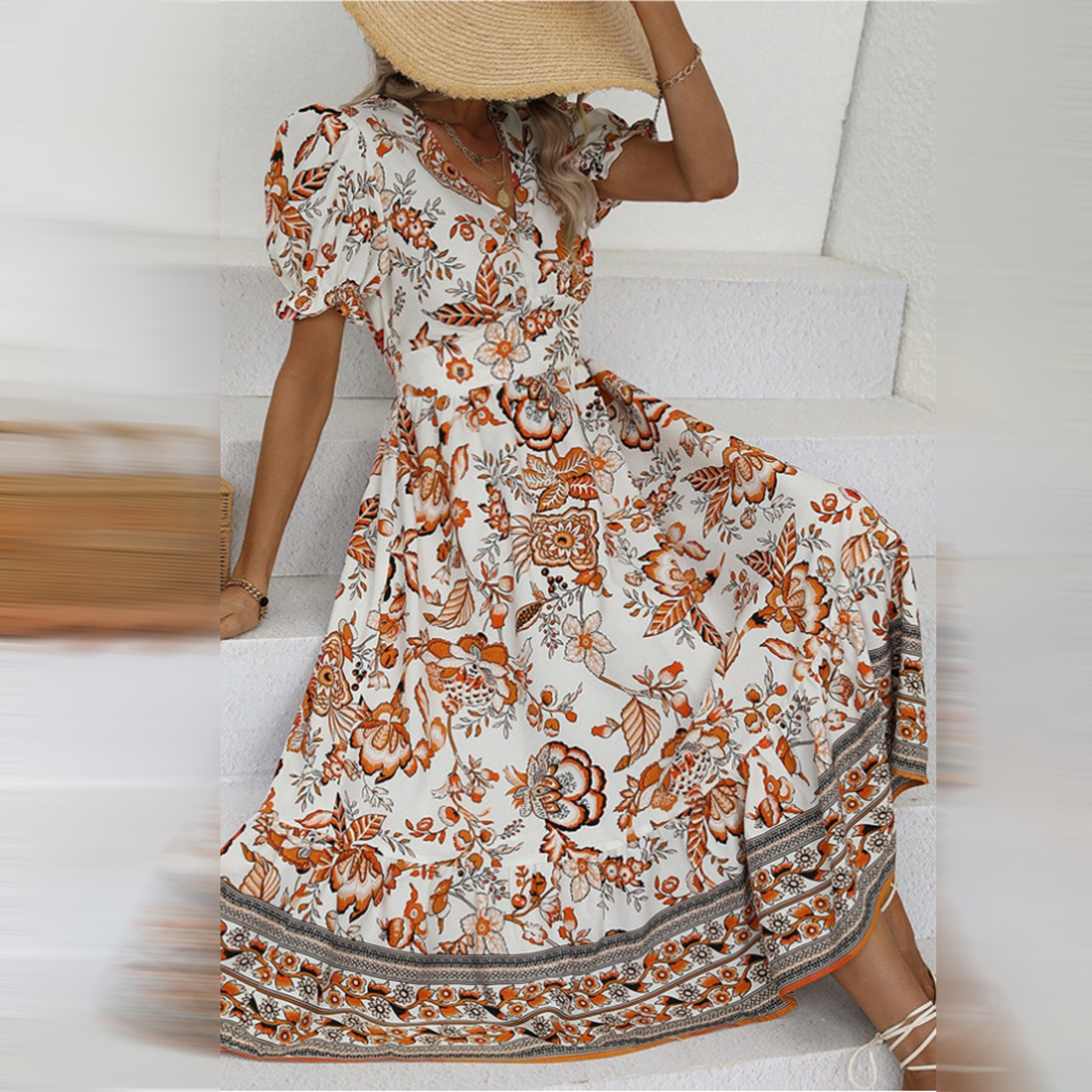 Orange Blumenkleid Elegant Sommerkleid Damen