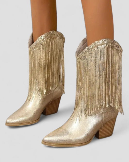 Orthopädische Western-Cowboystiefel mit Fransen in Metallic-Optik für Damen 0