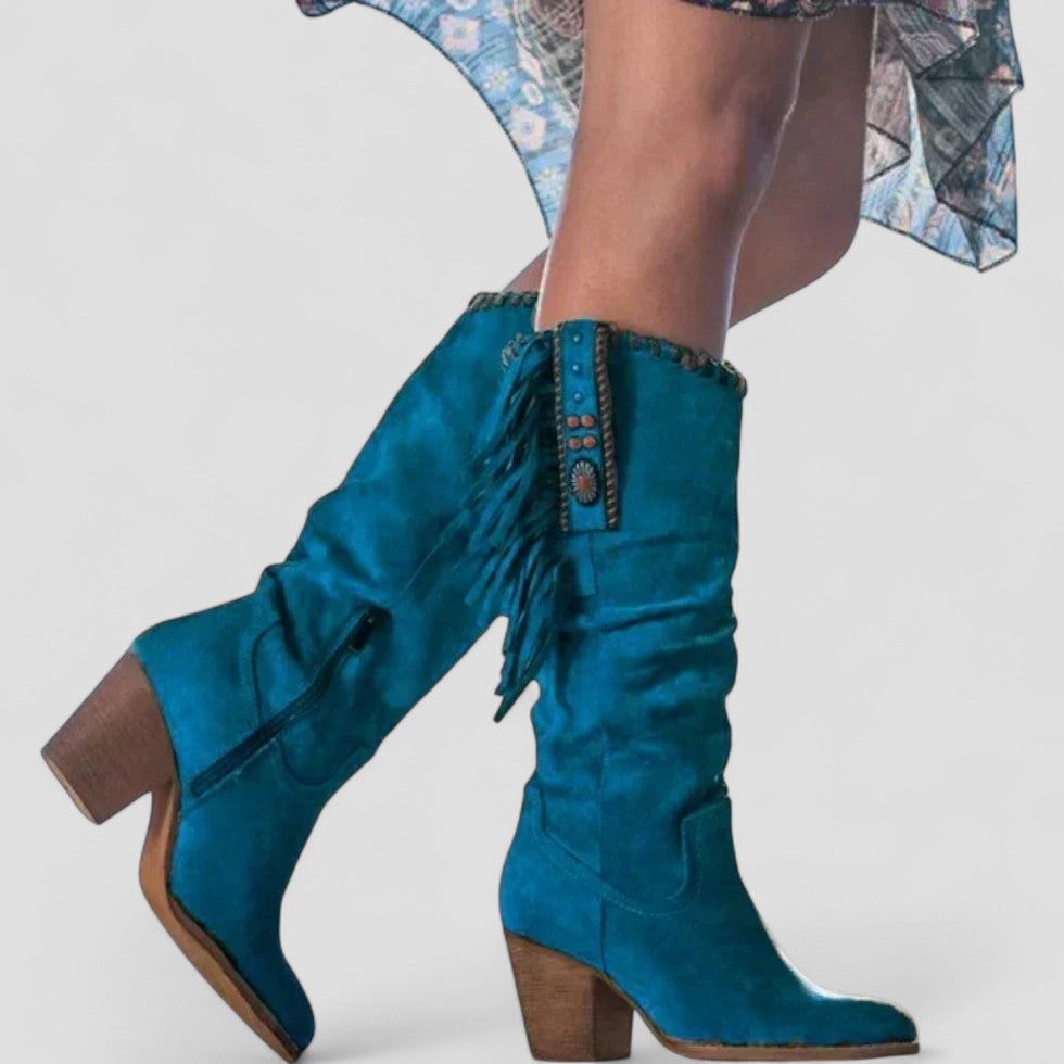 Orthopädische kniehohe Westernstiefel aus Wildleder mit Fransen für Damen 2