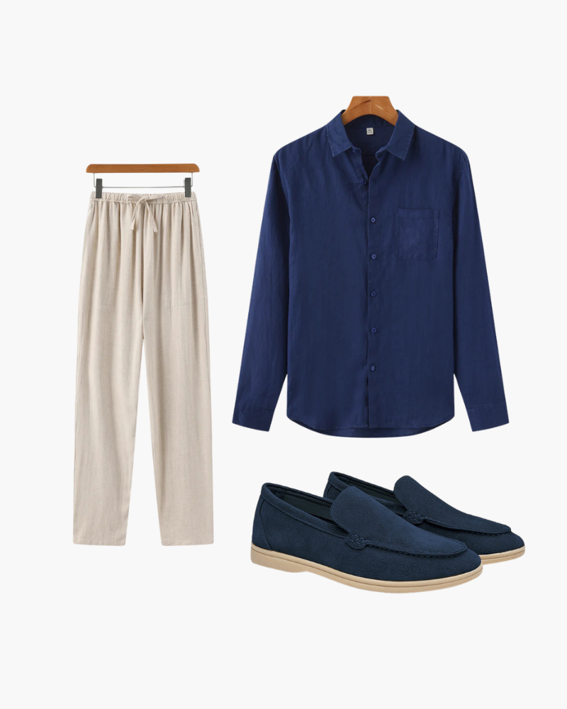 Herren Sommer Outfit 3-teilig Leinen Hemd Hose Schuhe - BerlinGlamour