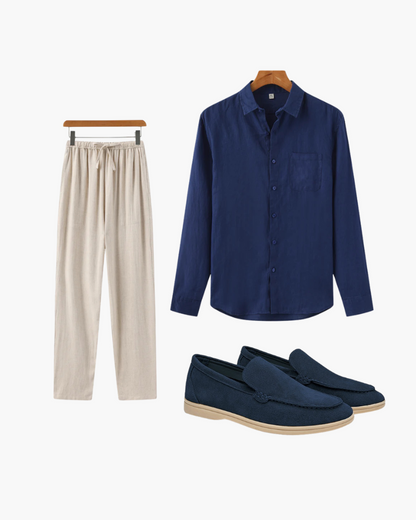 Herren Sommer Outfit 3-teilig Leinen Hemd Hose Schuhe - BerlinGlamour