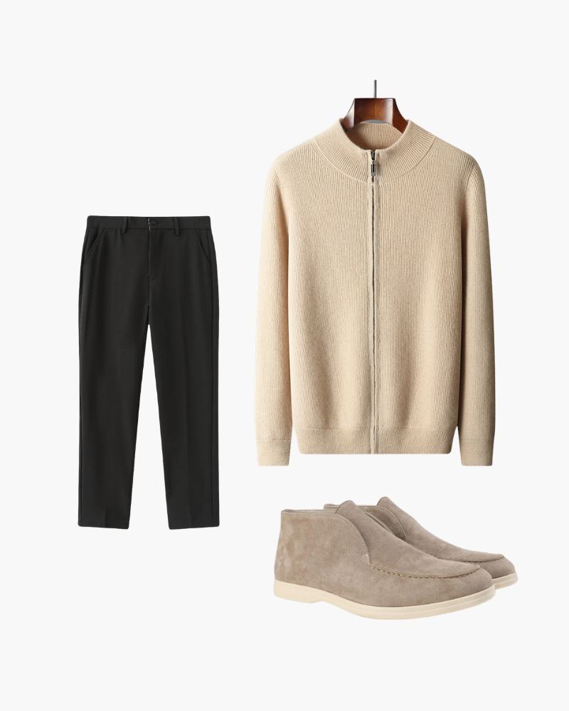 Kaschmir-Cardigan Set mit Hose und Stiefeletten - BerlinGlamour