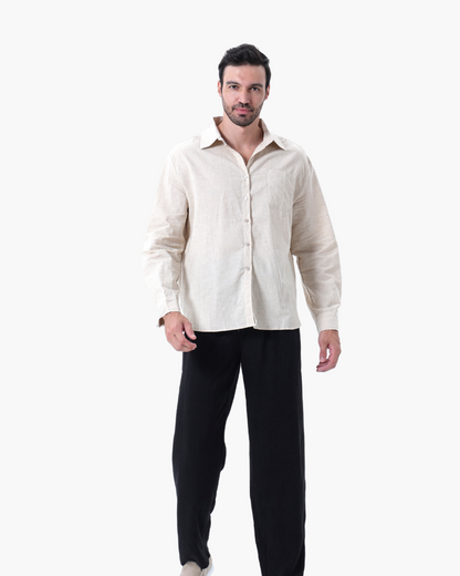 Herren Leinenanzug Sommer Zweiteiler Langarm Hose Hemd Set