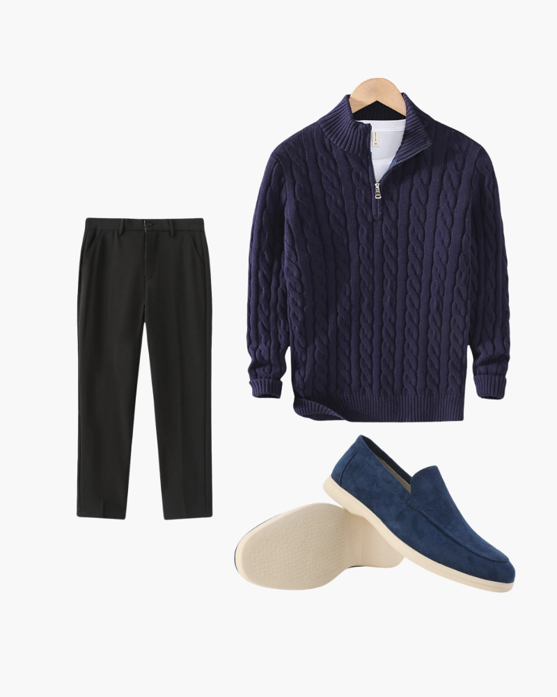 Marineblaue Zopfmuster Pullover Set mit Hose und Loafer - BerlinGlamour