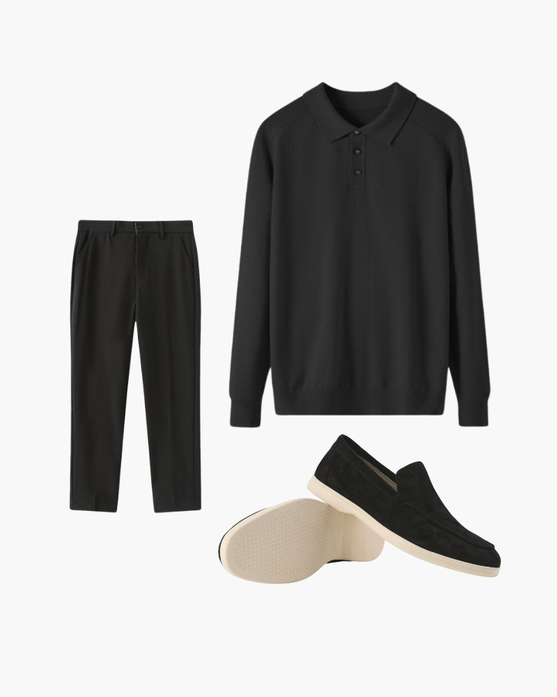 Herren Outfit Schwarz: Langärmliges Polohemd, Hose und Loafer - BerlinGlamour