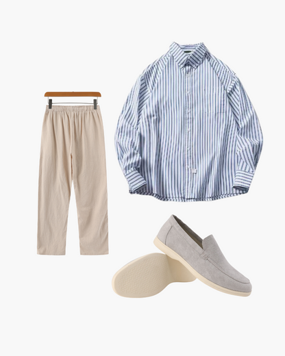 Sommer Outfit 3-teilig mit Streifenhemd Leinenhose und Loafers - BerlinGlamour