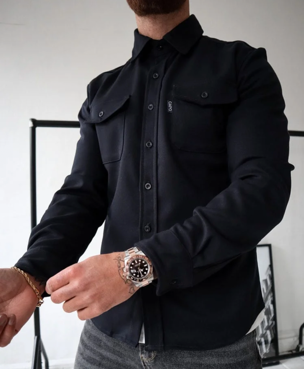 Overshirt – Langärmeliges Herrenhemd Mit Knopfleiste Und Brusttaschen-Schwarz-XS-Chaps Herrenmode