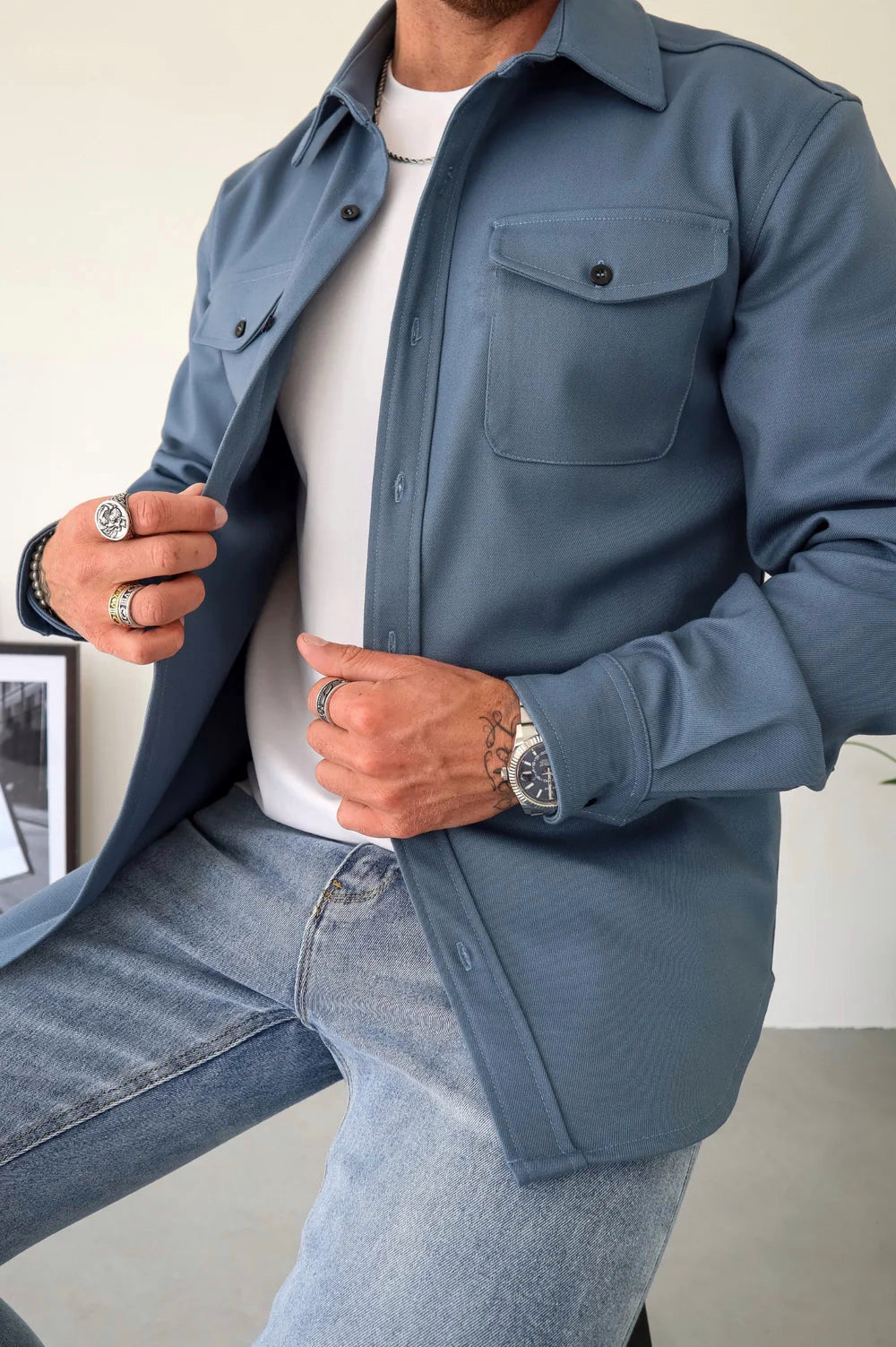 Overshirt – Langärmliges Herrenhemd mit Brusttaschen und Knöpfen-Blau-S-Chaps Herrenmode