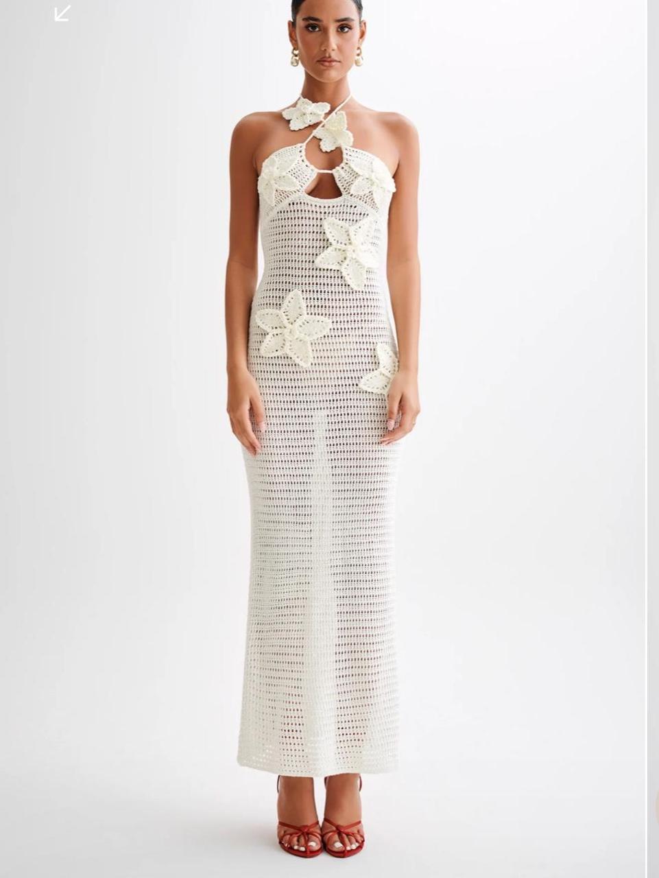 Sommerkleid Damen Häkel Maxikleid Blumen Dekor