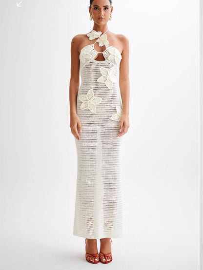 Sommerkleid Damen Häkel Maxikleid Blumen Dekor