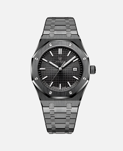 Herren Armbanduhr Edelstahl 41mm Elegant Schwarze Lederband