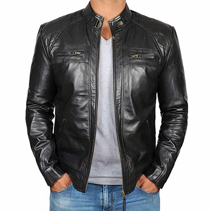 Herren Motorradjacke Robust Leder mit Reißverschlüssen