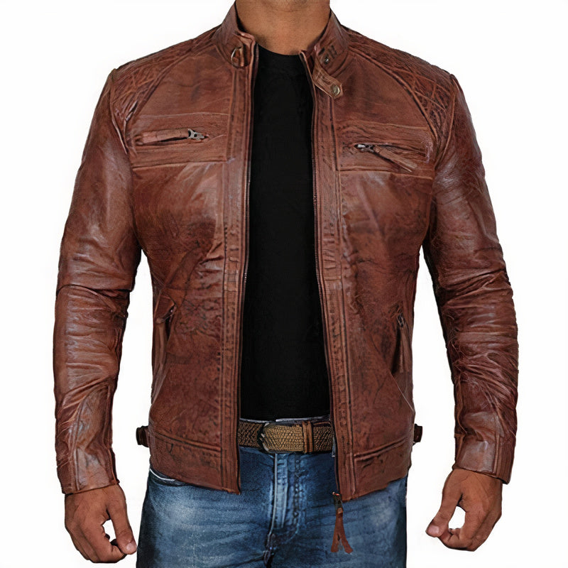 Herren Motorradjacke Robust Leder mit Reißverschlüssen