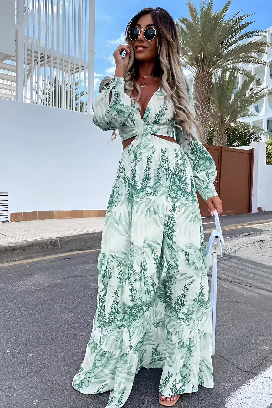 Elegantes Langarm-Kleid mit Muster Damenkleid V-Ausschnitt