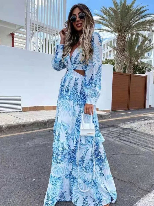 Elegantes Langarm-Kleid mit Muster Damenkleid V-Ausschnitt - BerlinGlamour