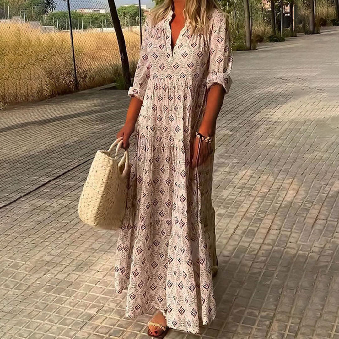 Boho Sommerkleid Langarm Damen Print Kleid