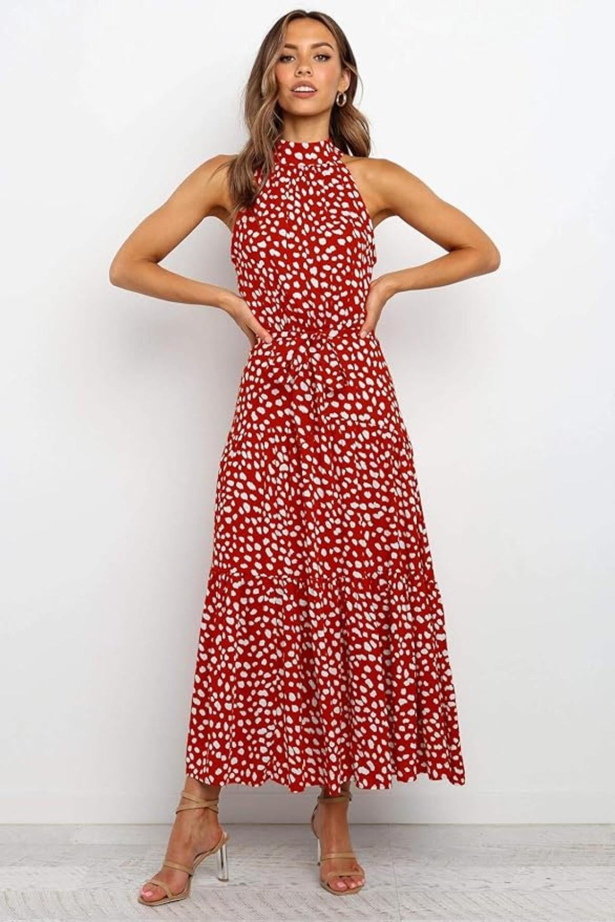 Damen Maxikleid mit Blumendruck und Neckholder
