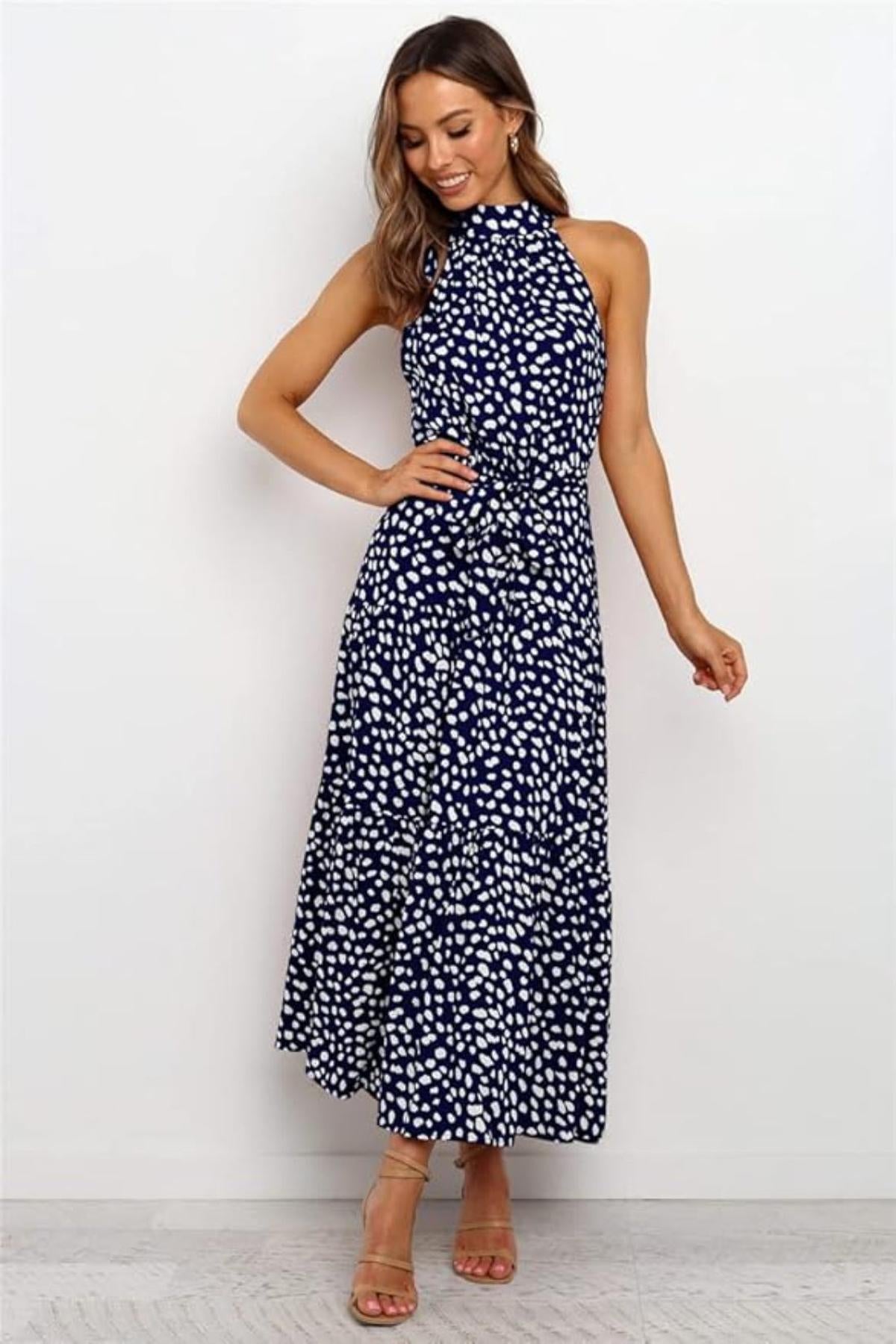 Damen Maxikleid mit Blumendruck und Neckholder