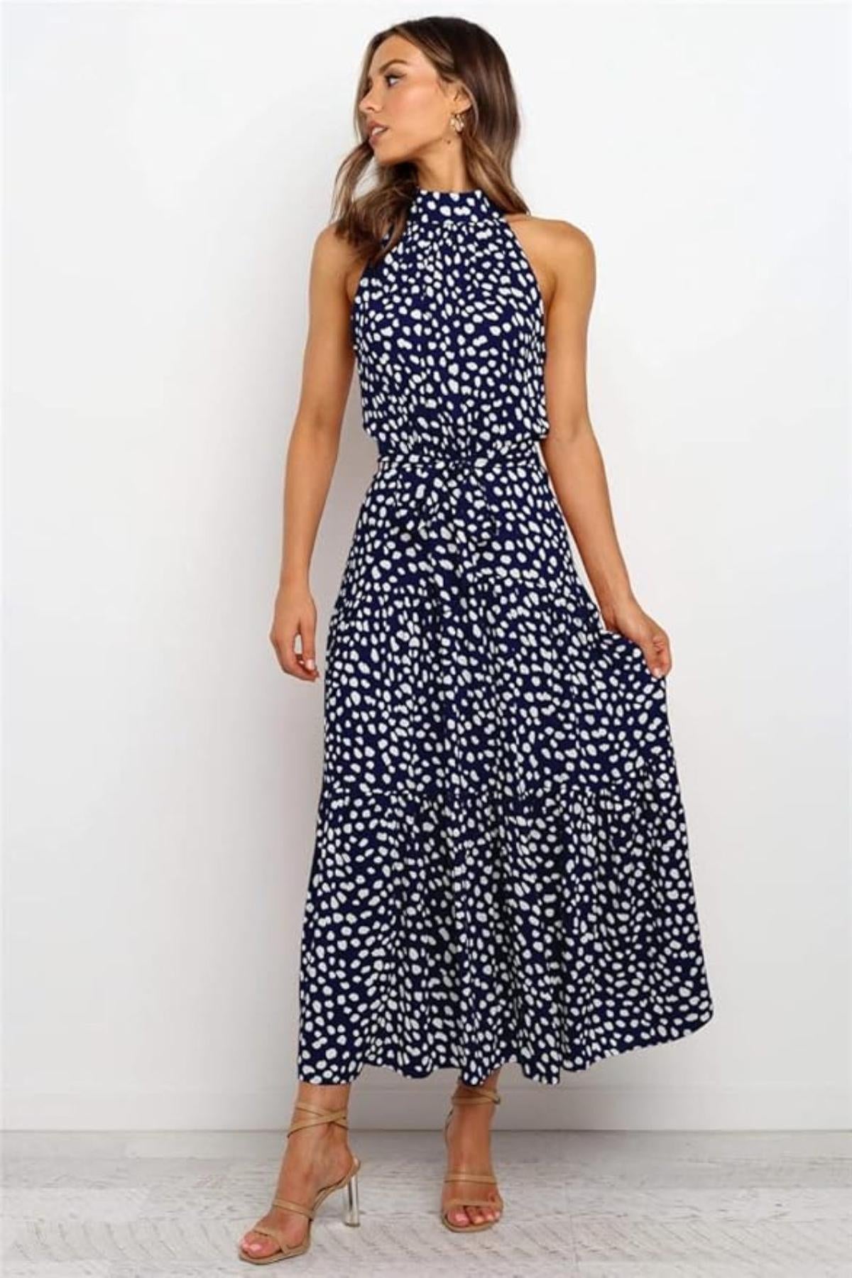 Damen Maxikleid mit Blumendruck und Neckholder - BerlinGlamour