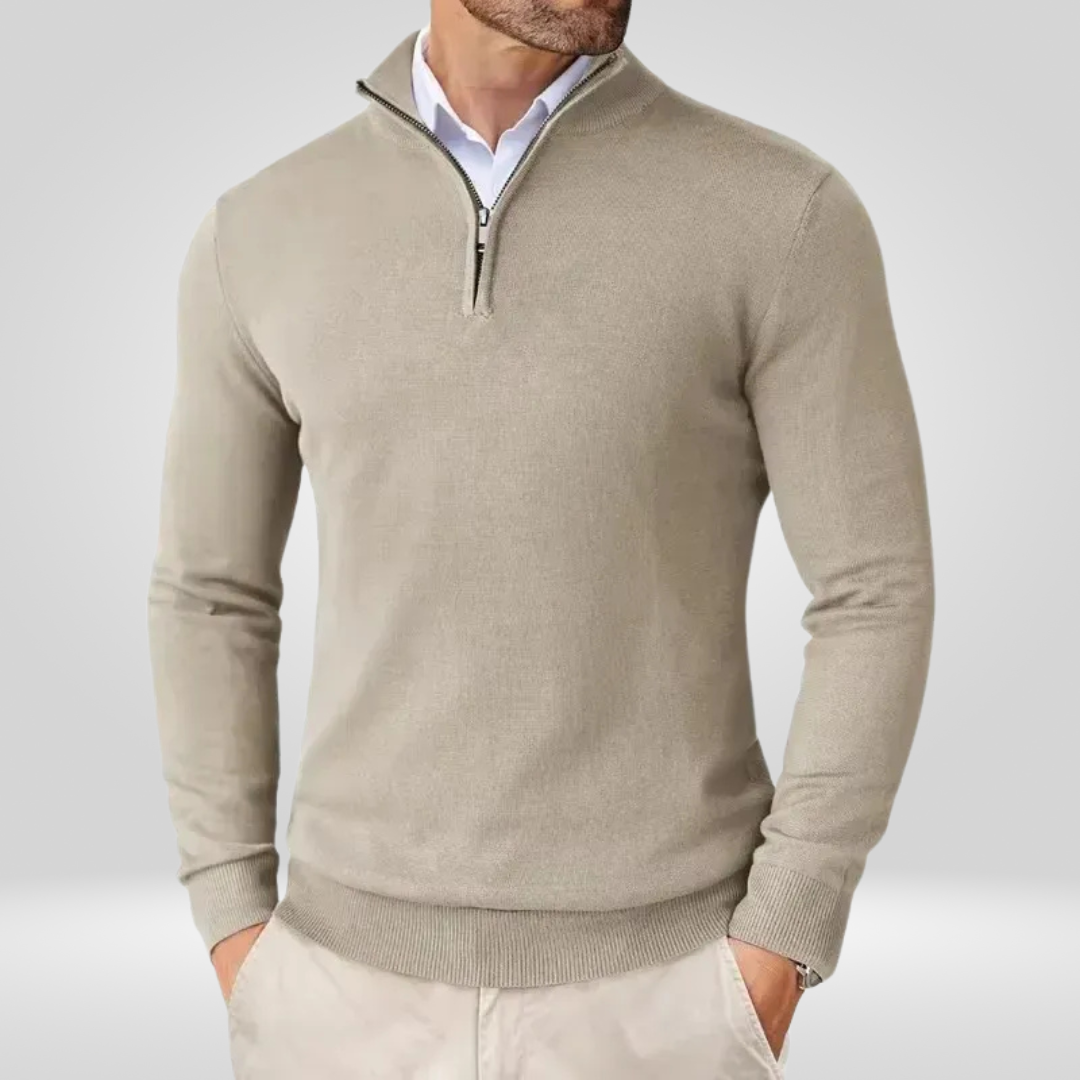 Polo-Pullover | Halb-Reißverschluss | Gestrickt | Viertel-Reißverschluss-Pullover | Herrenpullover-Beige-M-Chaps Herrenmode