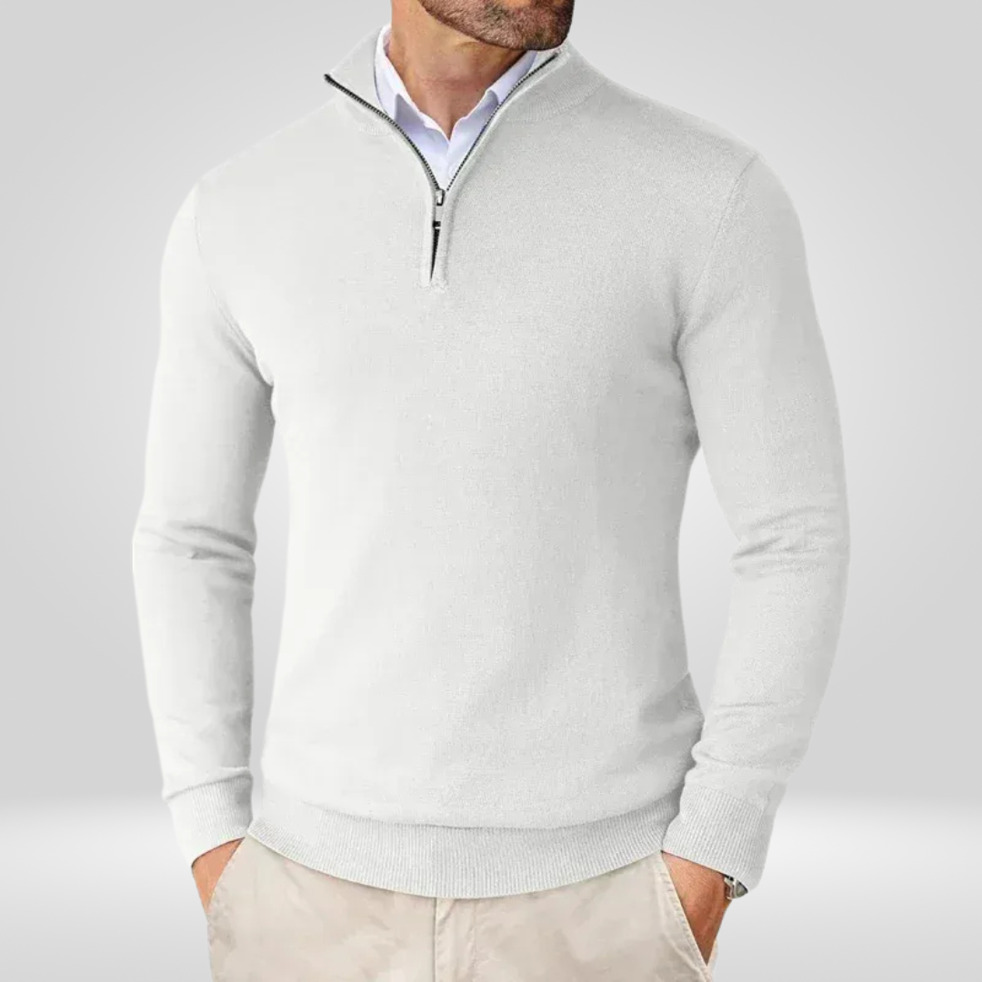 Polo-Pullover | Halb-Reißverschluss | Gestrickt | Viertel-Reißverschluss-Pullover | Herrenpullover-Weiß-M-Chaps Herrenmode