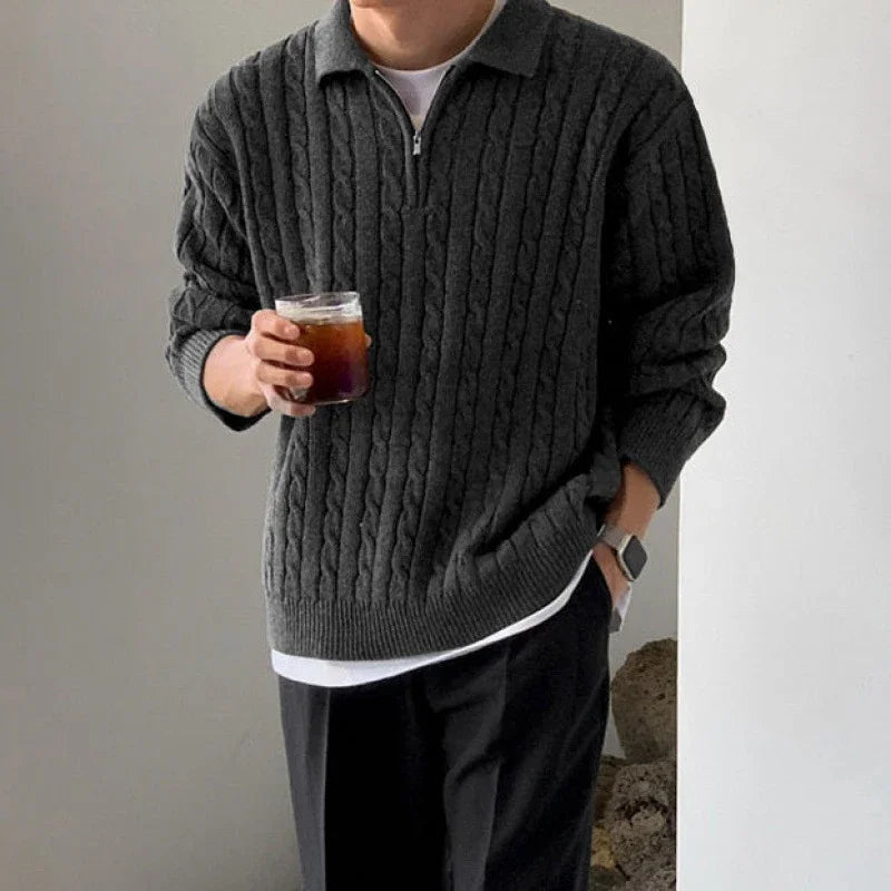 Polo-Pullover | Mit Kragen | Halber Reißverschluss | Zopfmuster-Pullover | Herren-Pullover mit Viertelreißverschluss-Grau-S-Chaps Herrenmode