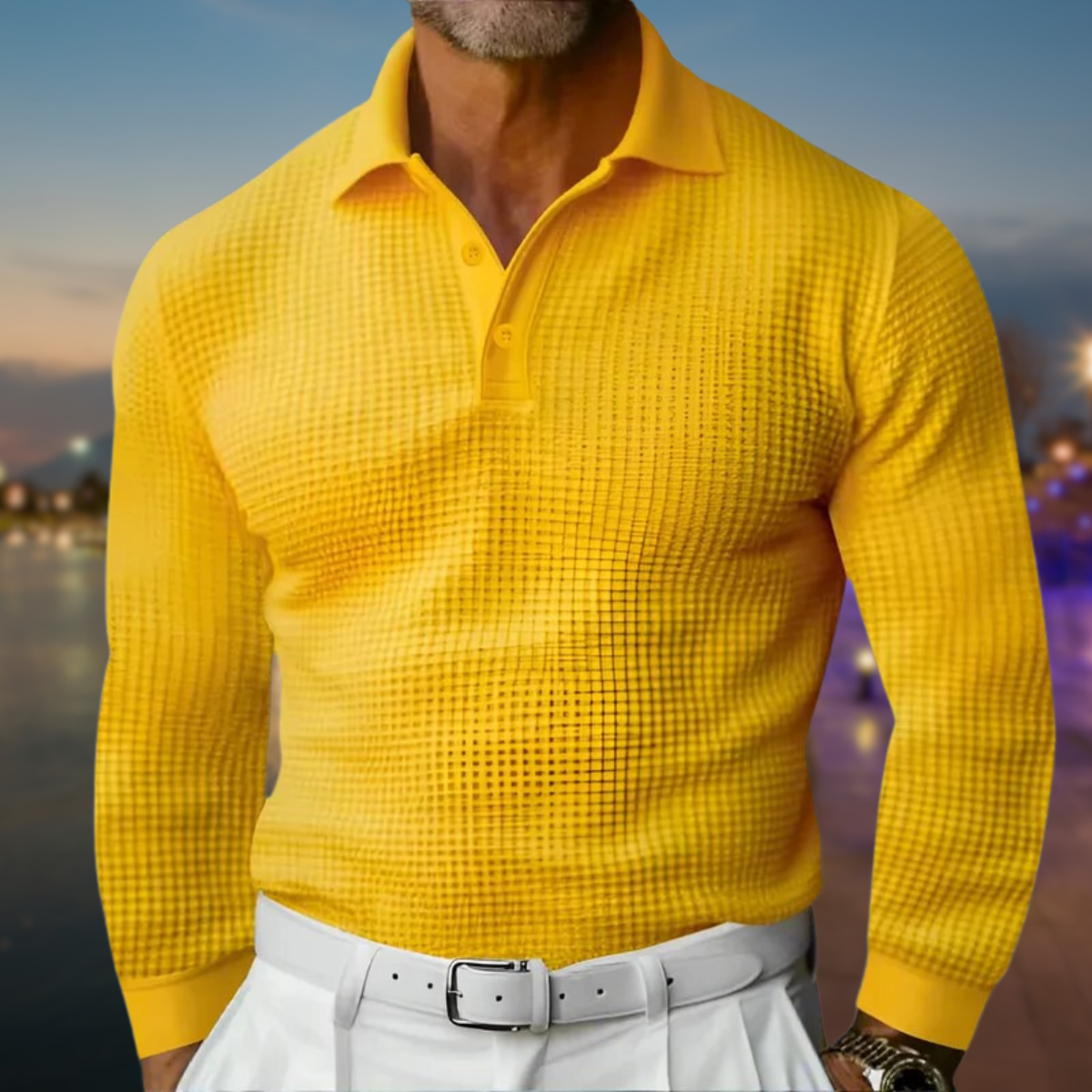 Polo-Pullover – mit Kragen – Knopfleiste – Waffelstrickpullover – Herrenpullover-Gelb-S-Chaps Herrenmode