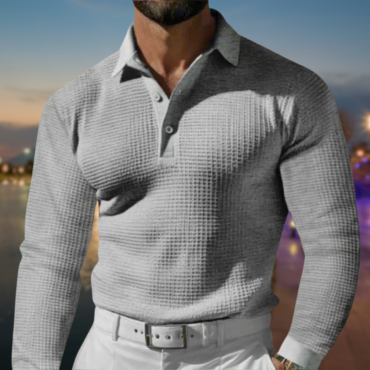 Herren Polo Pullover mit Kragen und Knöpfen Waffelstrick - BerlinGlamour