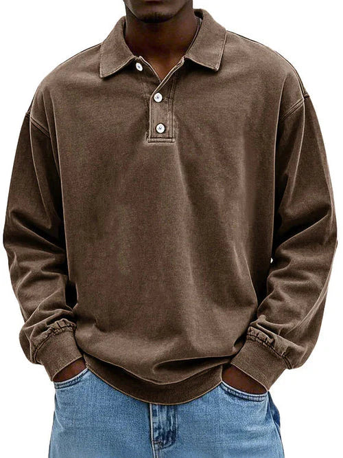 Polo Sweatshirt - Herren Pullover mit Knopfleiste und Kragen-Braun-S-Chaps Herrenmode