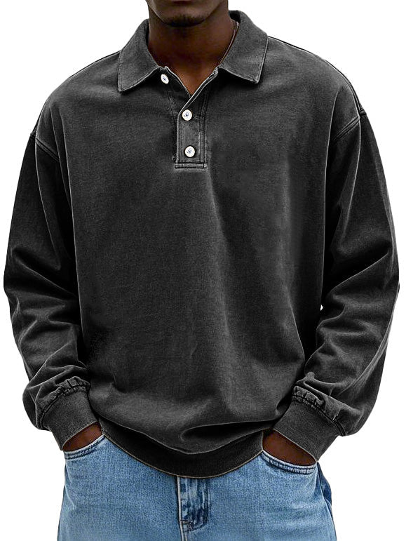 Polo Sweatshirt - Herren Pullover mit Knopfleiste und Kragen-Schwarz-S-Chaps Herrenmode