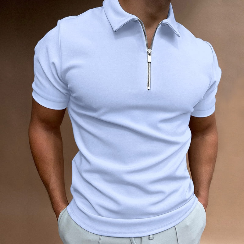 Polo-T-Shirt – Kurzarm-Polohemd für Herren mit Umlegekragen und halbem Reißverschluss-Hellblau-S-Chaps Herrenmode